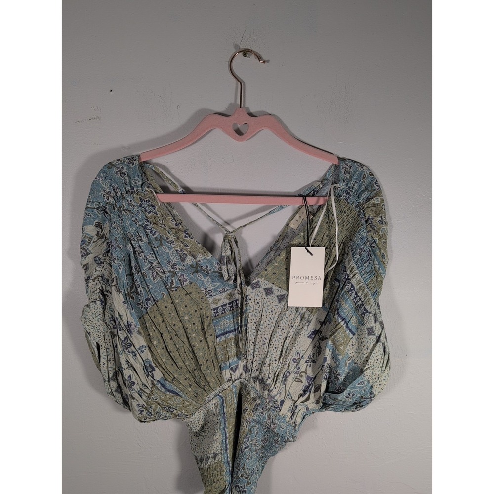 NEW NWT Promesa Small Blue/Green Patchwork Kimono Blouse
